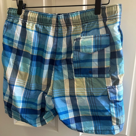 EUC Tommy Bahama size Small men’s swim trunks. Blue plaid. Drawstring. Pockets - Picture 4 of 8